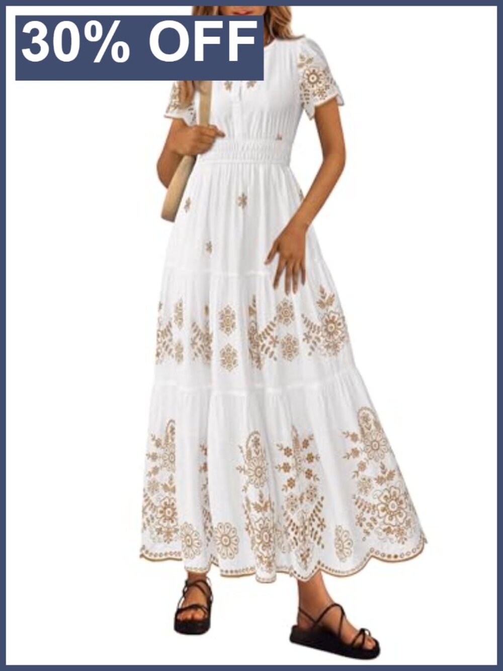 Boho Floral Maxi Dress Cotton Tiered V-Neck Short Sleeve Summer